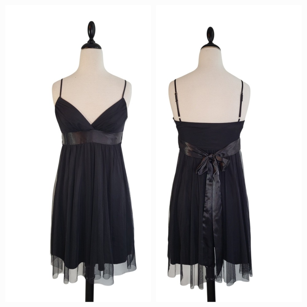 Vintage Y2K Babydoll Dress Black Mesh Empire Waist Tie‎ Back Mini M Spaghetti
